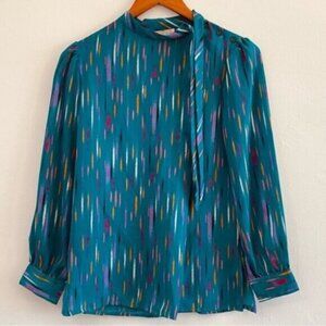 VINTAGE COLLECTION 1980s Career Blouse Small Multicolor Confetti Print Teal Work